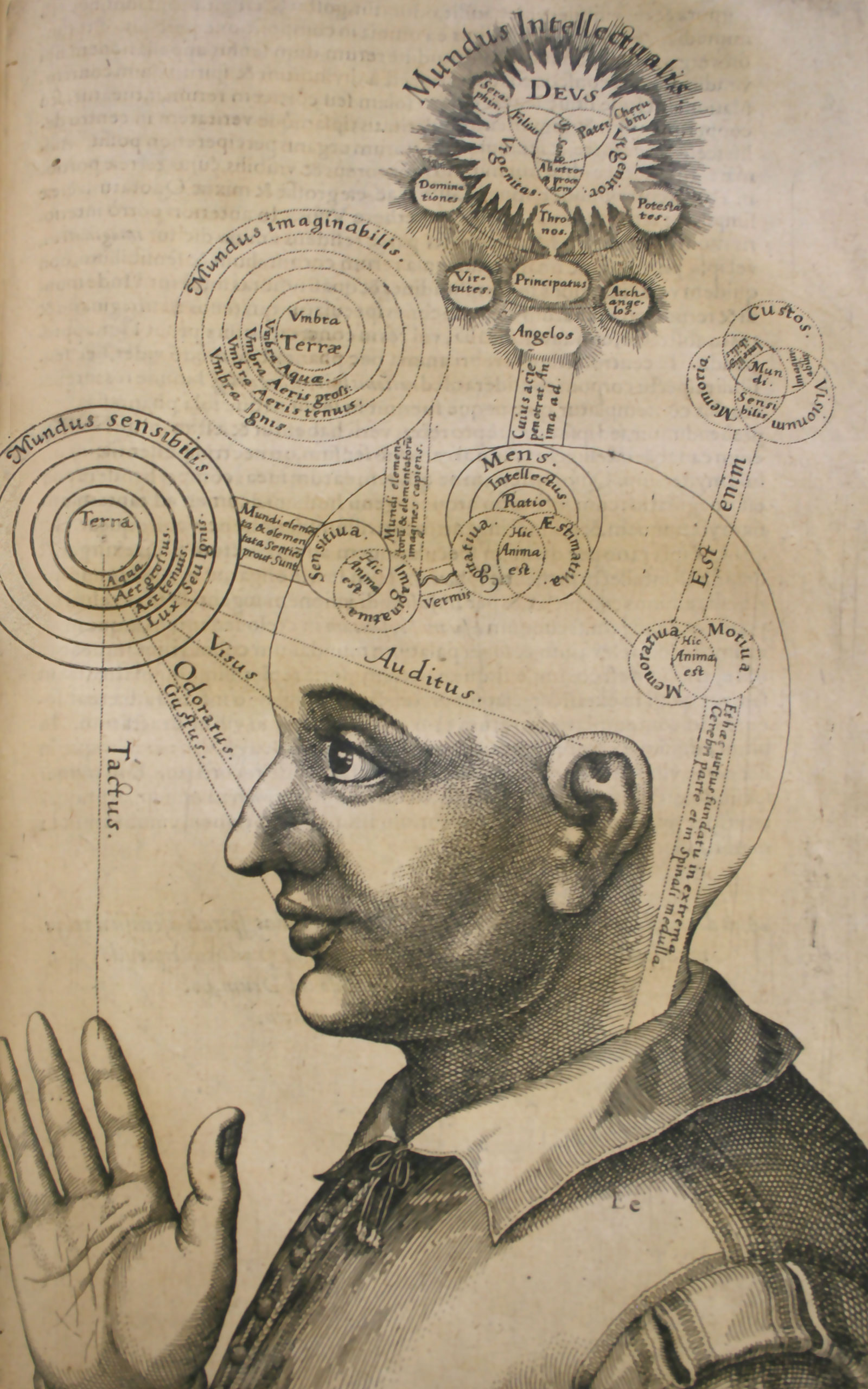 Illustration from the novel theMystery.doc by Matthew McIntosh. Historic engraving by Robert Fludd. Mundus Sensibilis, Mundus Intellectualis.